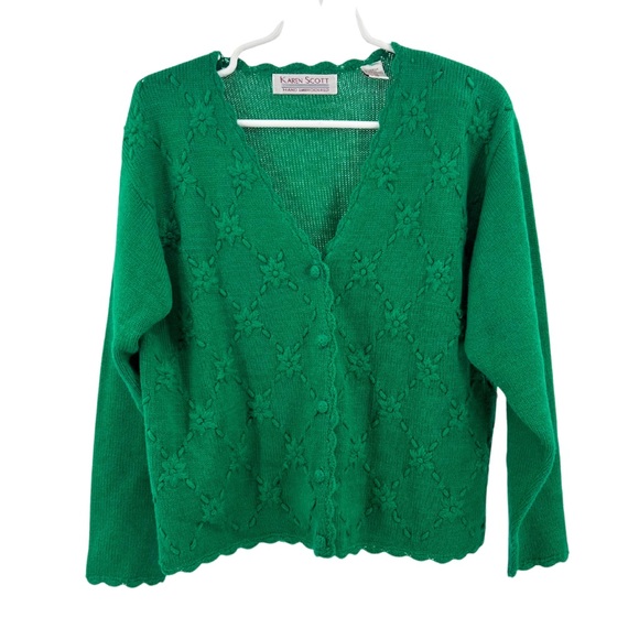 Karen Scott Sweaters - Karen Scott hand embroidered green scalloped edges M wool blend cardigan floral